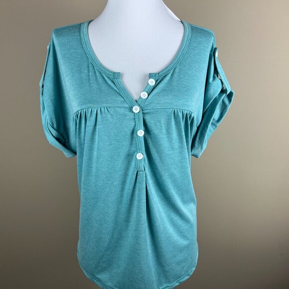 Elizabeth Kelly NWT Short Sleeve Blouse Size XL Green,V-neck Partial Button Down - Picture 2 of 8